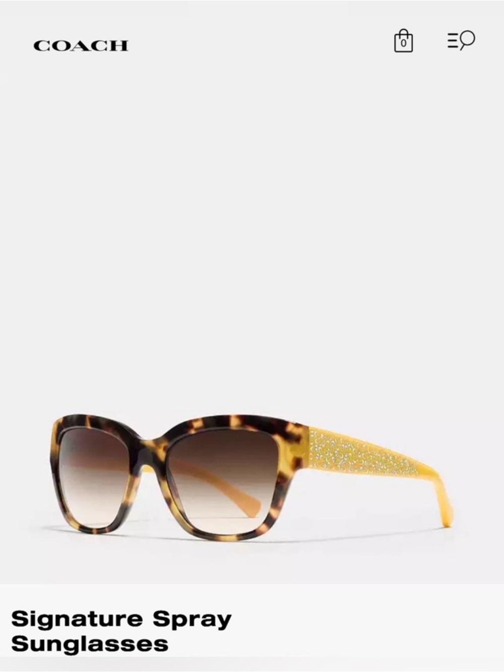COACH Signature Spray Sunglasses Tortoiseshell Frame Yellow EUC 185 Retail